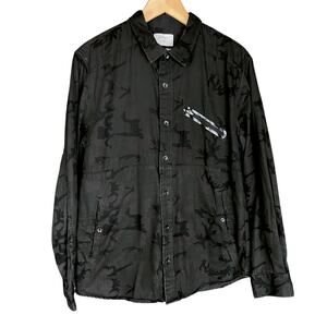 Men's Ourcaste Black Camo Long Sleeve Button-Down Shirt Jacket - Size Large